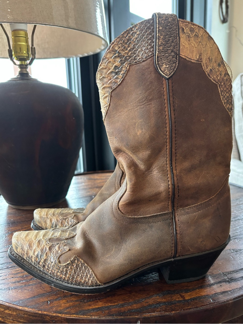 VTG DURANGO Western Leather Snakeskin Cowgirl Rodeo Boots, Two-Tone, 7 1/2 M - Picture 2 of 14